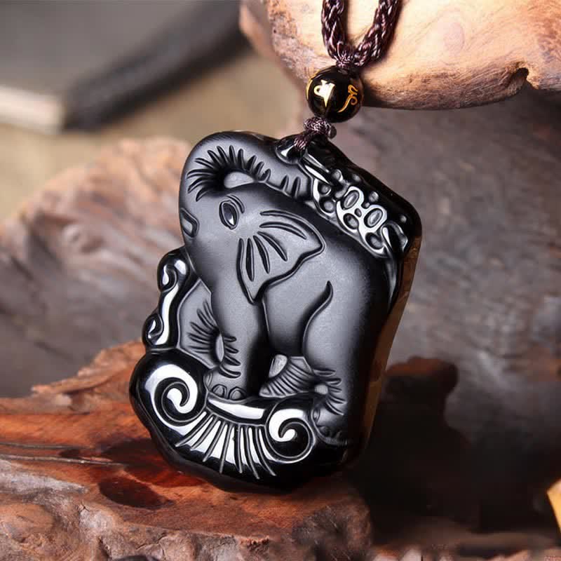 Collana con ciondolo portachiavi in corda di protezione per elefante in ossidiana nera - Image 7