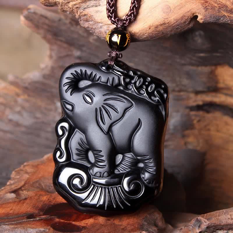 Collana con ciondolo portachiavi in corda di protezione per elefante in ossidiana nera - Image 8