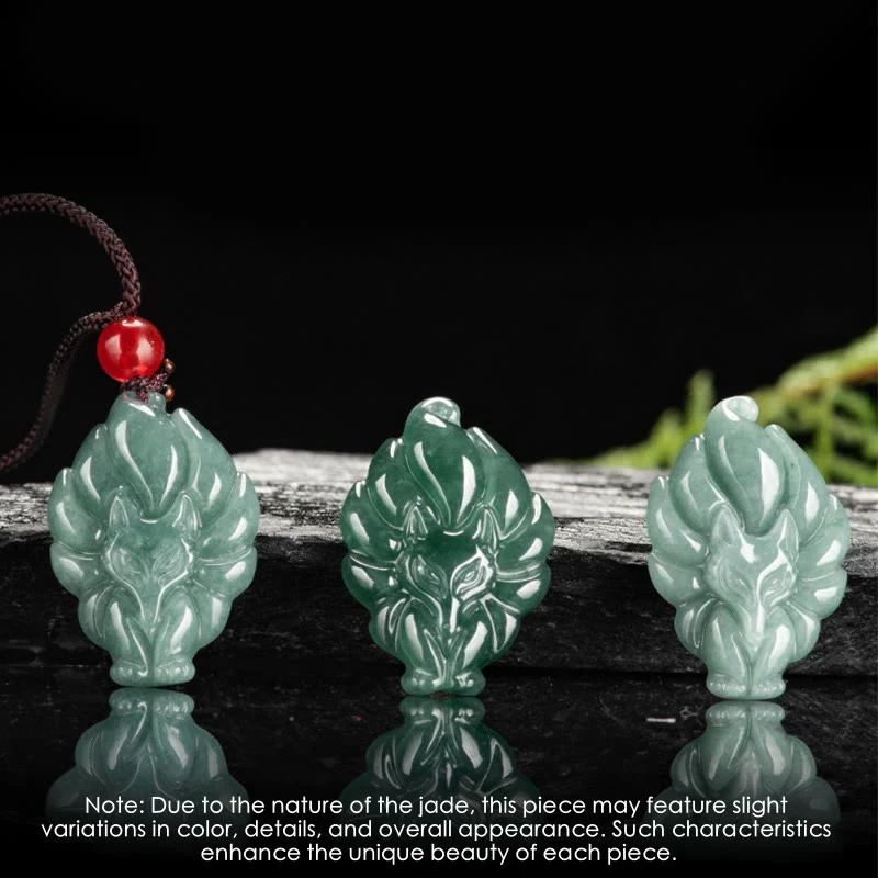 Collana con ciondolo portafortuna a forma di volpe a nove code in giada verde naturale Buddha Stones - Image 8