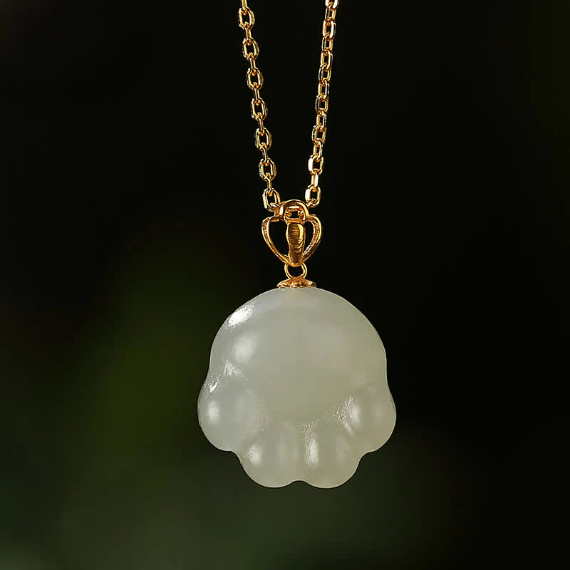 Collana con ciondolo portafortuna a forma di zampa di gatto carino in argento sterling 925 con giada bianca Hetian - Image 2