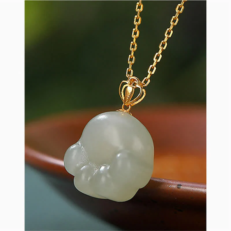 Collana con ciondolo portafortuna a forma di zampa di gatto carino in argento sterling 925 con giada bianca Hetian - Image 5