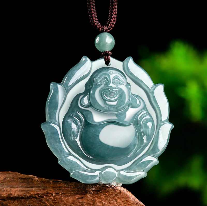 Collana con ciondolo portafortuna con motivo a loto Buddha Stones Buddha che ride in giada naturale - Image 3