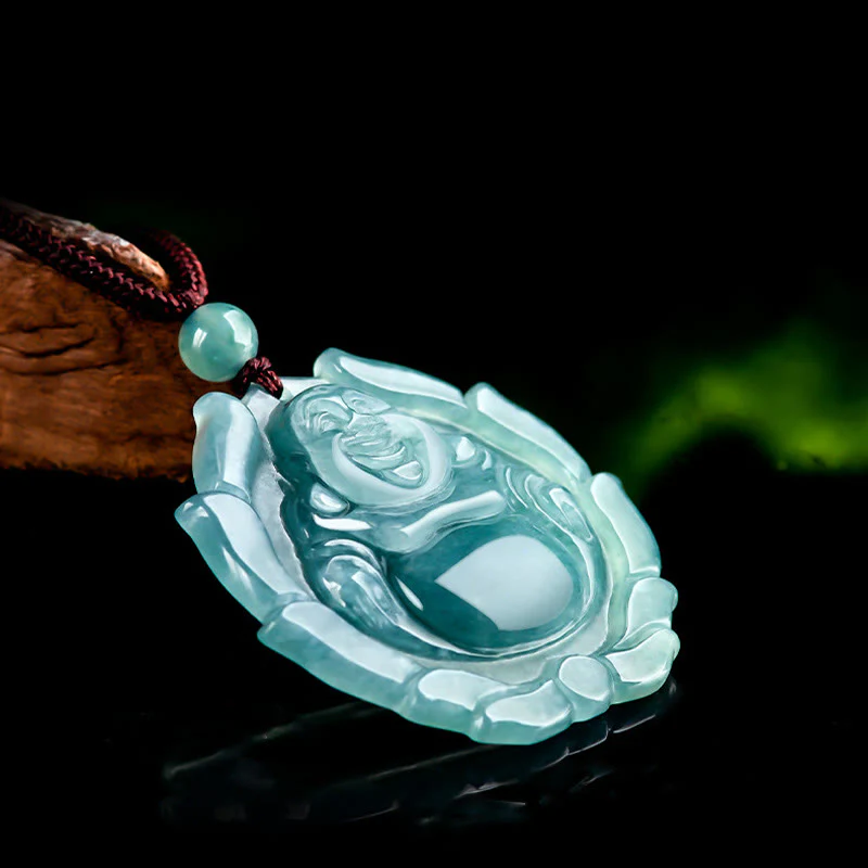 Collana con ciondolo portafortuna con motivo a loto Buddha Stones Buddha che ride in giada naturale - Image 5