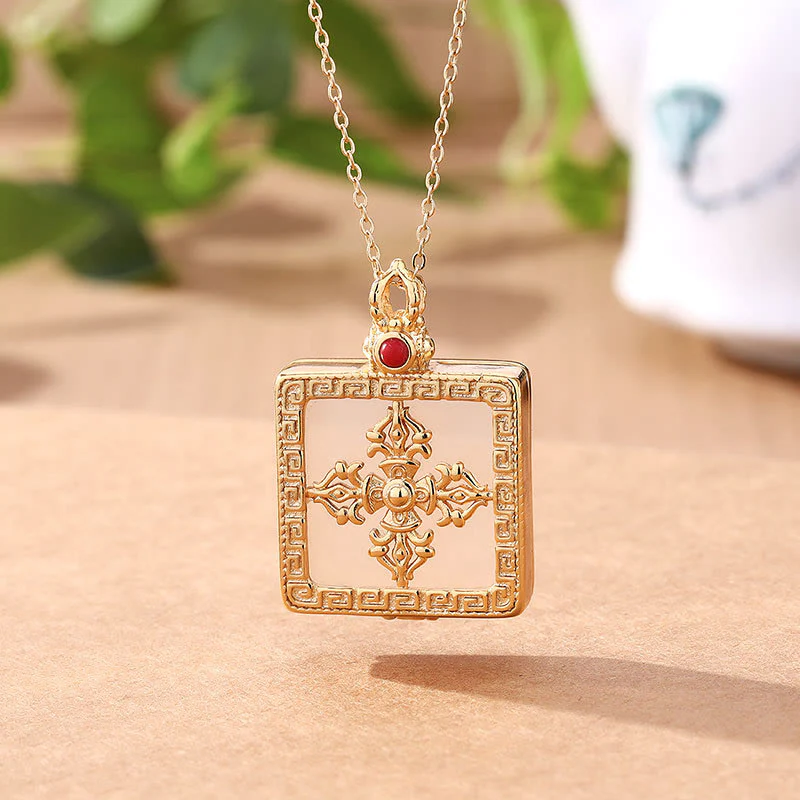 Collana con ciondolo portafortuna con protezione Dorje doppio in giada bianca placcata in oro 24K - Image 5