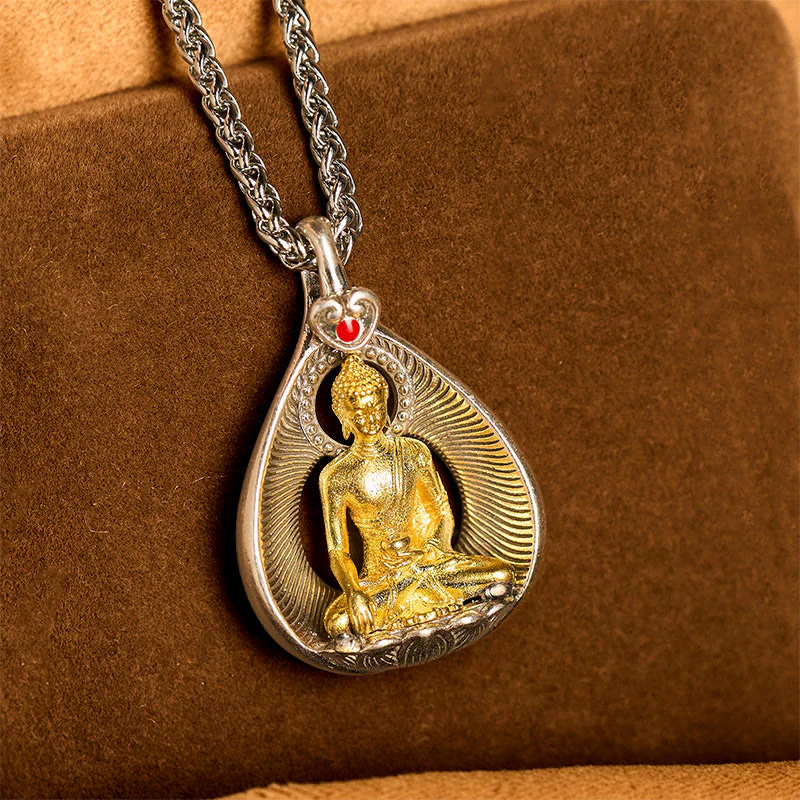 Collana con ciondolo portafortuna in argento placcato rame con catena a maglie, Buddha Stones Shakyamuni, Tara Verde e Pietre del Buddha - Image 11