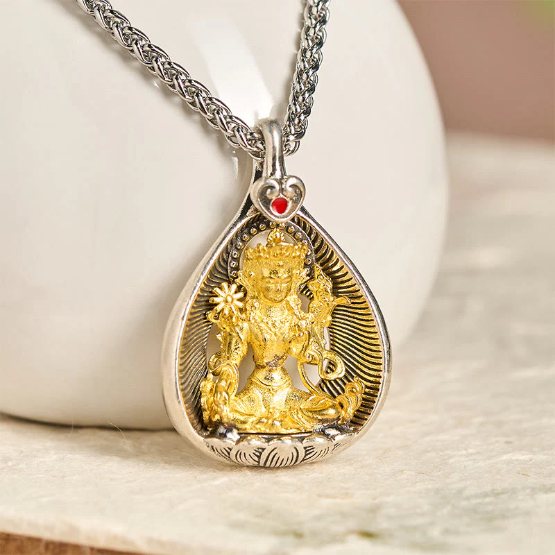 Collana con ciondolo portafortuna in argento placcato rame con catena a maglie, Buddha Stones Shakyamuni, Tara Verde e Pietre del Buddha - Image 2