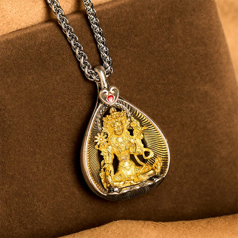 Collana con ciondolo portafortuna in argento placcato rame con catena a maglie, Buddha Stones Shakyamuni, Tara Verde e Pietre del Buddha - Image 3