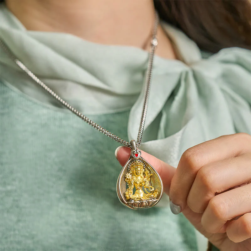 Collana con ciondolo portafortuna in argento placcato rame con catena a maglie, Buddha Stones Shakyamuni, Tara Verde e Pietre del Buddha - Image 6