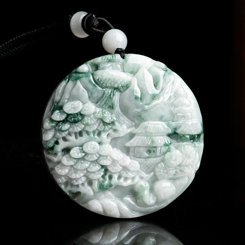Collana con corda di abbondanza di giada con paesaggio montano Buddha Stones