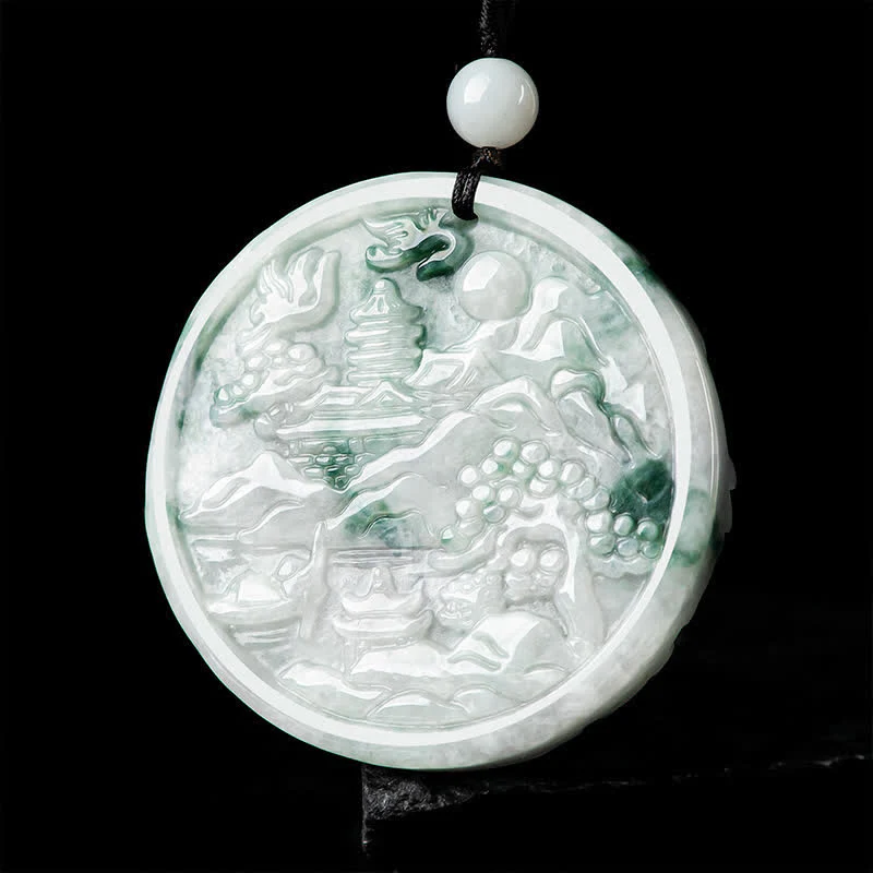 Collana con corda di abbondanza di giada con paesaggio montano Buddha Stones - Image 3