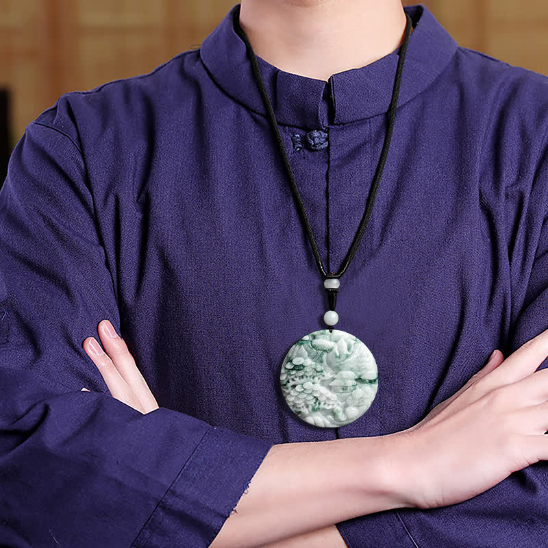 Collana con corda di abbondanza di giada con paesaggio montano Buddha Stones - Image 4