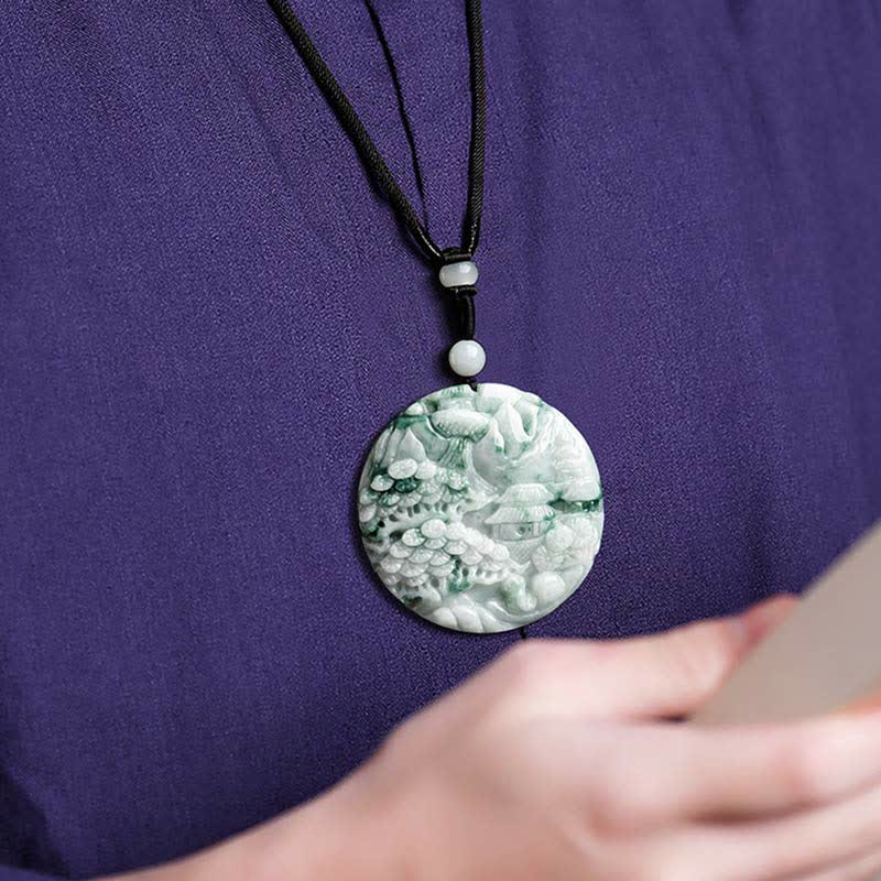 Collana con corda di abbondanza di giada con paesaggio montano Buddha Stones - Image 5