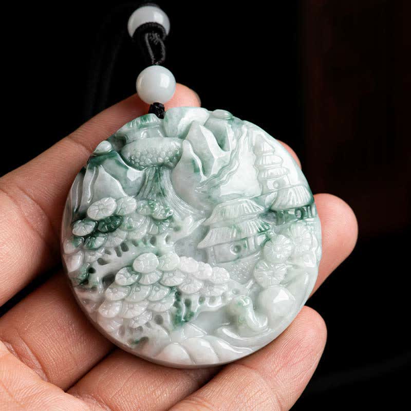 Collana con corda di abbondanza di giada con paesaggio montano Buddha Stones - Image 6
