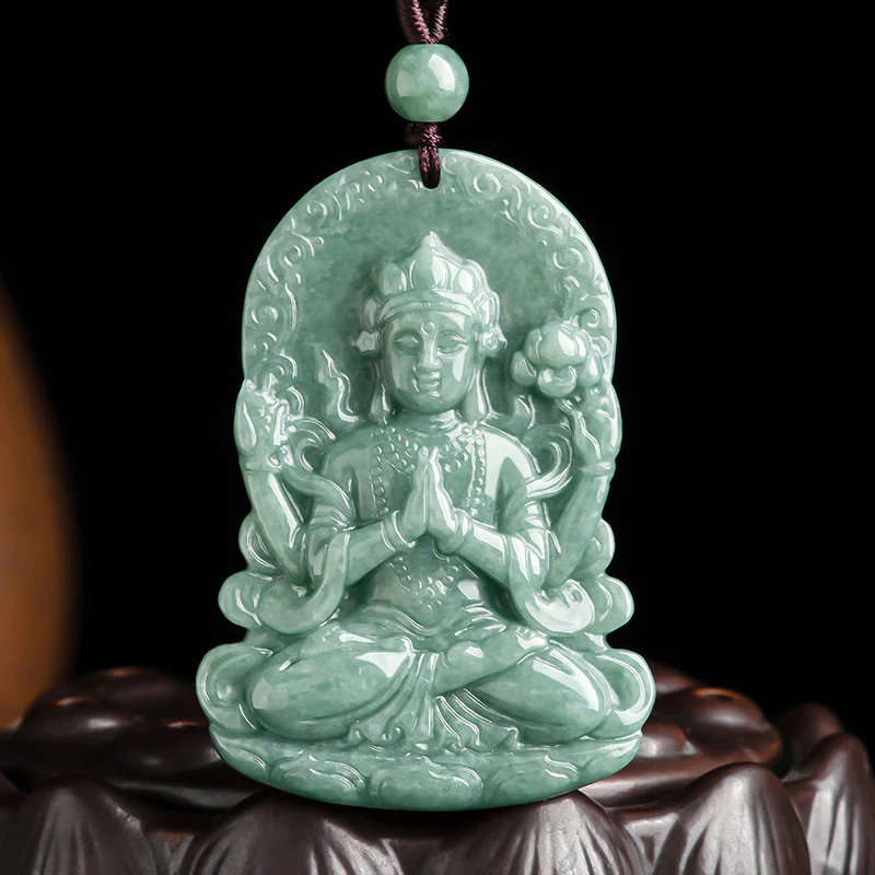 Collana con corda di benedizione dell'amuleto in giada naturale Avalokitesvara a quattro braccia