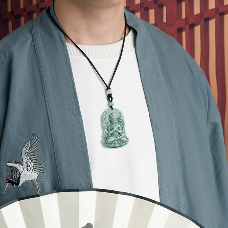 Collana con corda di benedizione dell'amuleto in giada naturale Avalokitesvara a quattro braccia - Image 2