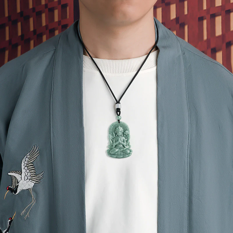 Collana con corda di benedizione dell'amuleto in giada naturale Avalokitesvara a quattro braccia - Image 3