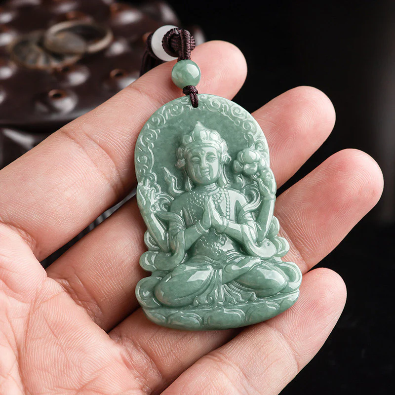 Collana con corda di benedizione dell'amuleto in giada naturale Avalokitesvara a quattro braccia - Image 4