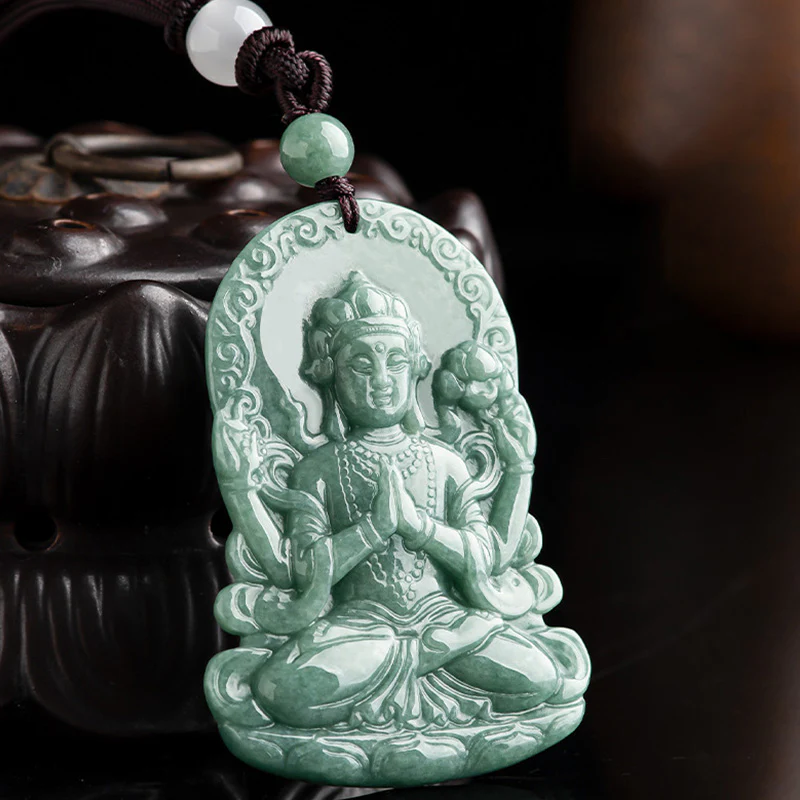 Collana con corda di benedizione dell'amuleto in giada naturale Avalokitesvara a quattro braccia - Image 5