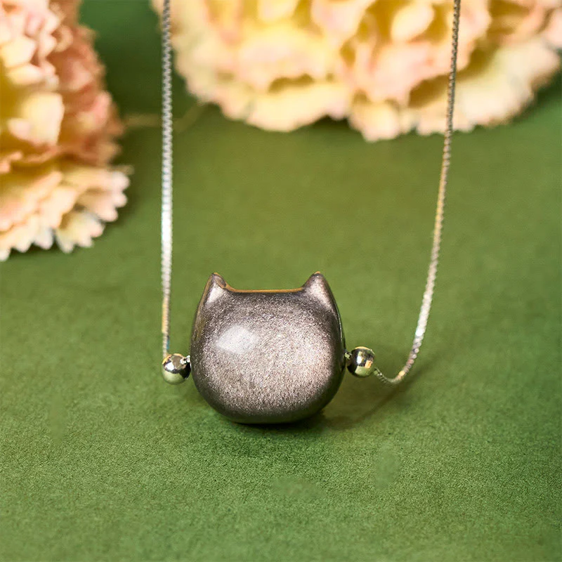Collana con gatto in argento sterling 925, Buddha Stones , ossidiana naturale lucida, ossidiana dorata lucida