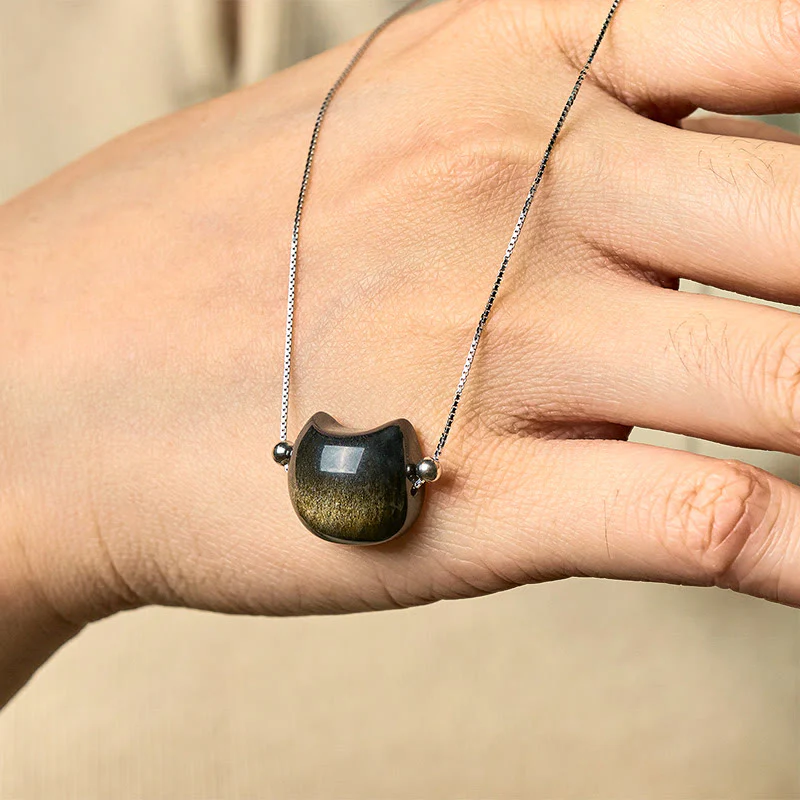 Collana con gatto in argento sterling 925, Buddha Stones , ossidiana naturale lucida, ossidiana dorata lucida - Image 7