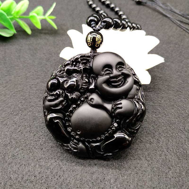 Collana con pendente in vetro di ossidiana nera con motivo Buddha Stones che ride