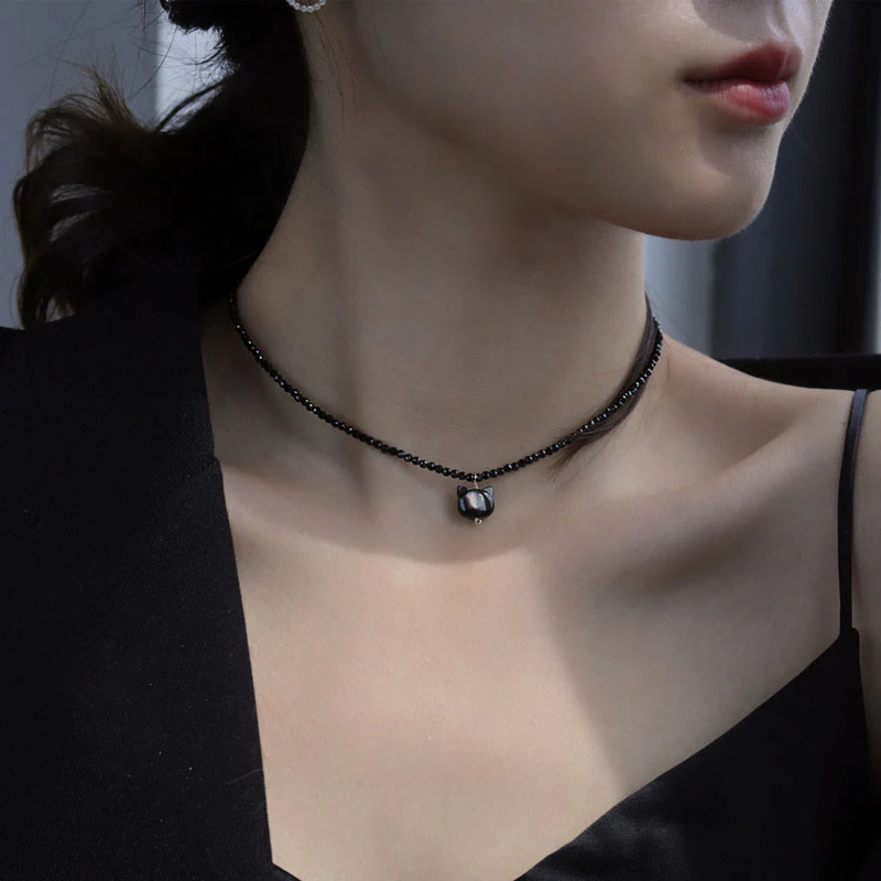 Collana girocollo con ciondolo a forma di gatto carino e spinello nero Buddha Stones - Image 11