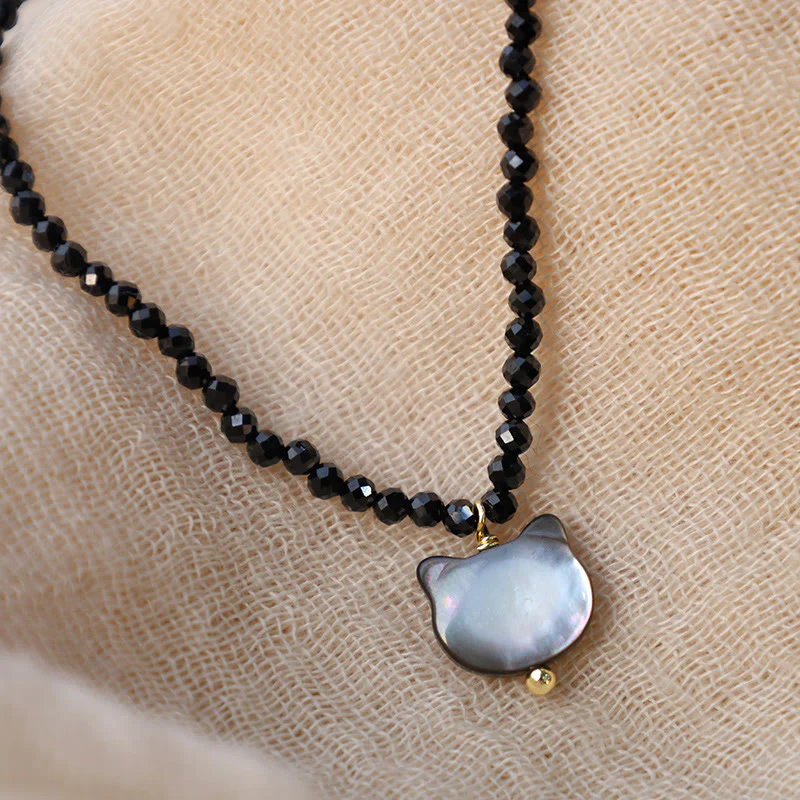 Collana girocollo con ciondolo a forma di gatto carino e spinello nero Buddha Stones - Image 6