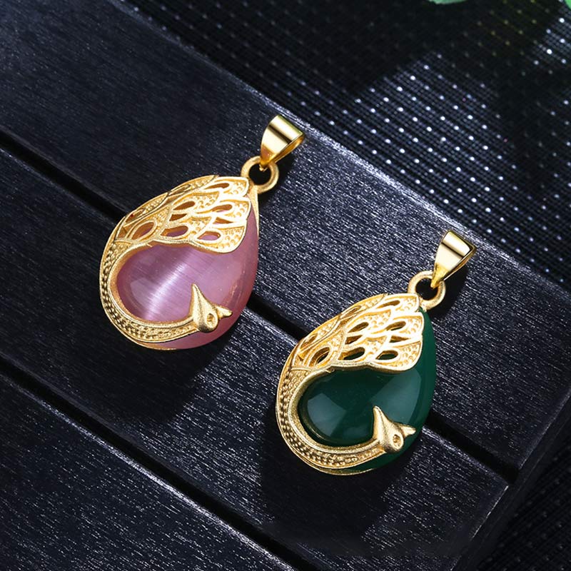 Collana pendente con ciondolo in cristallo rosa, calcedonio verde, pavone, rame, amore lenitivo - Image 3