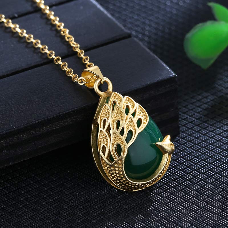 Collana pendente con ciondolo in cristallo rosa, calcedonio verde, pavone, rame, amore lenitivo - Image 5