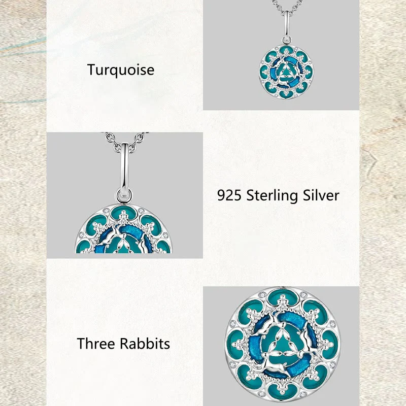 Collana pendente in argento sterling 925 con tre conigli in equilibrio, turchese rotondo , Buddha Stones - Image 9