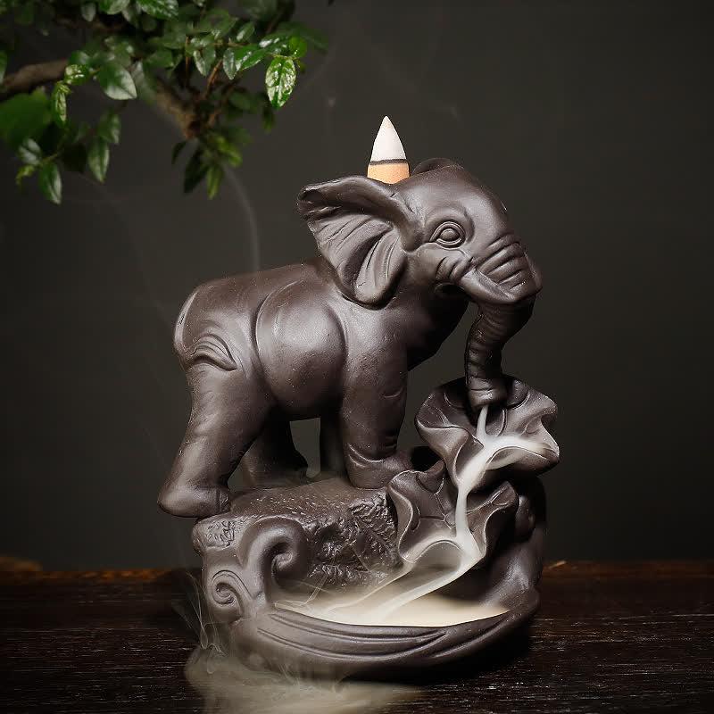 Decorazione bruciatore di incenso di guarigione della pace con fontana di fumo a riflusso in argilla viola elefante tibetano