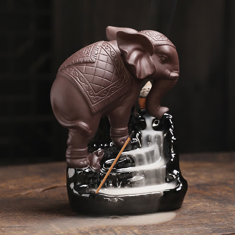 Decorazione bruciatore di incenso di guarigione della pace con fontana di fumo a riflusso in argilla viola elefante tibetano - Image 14