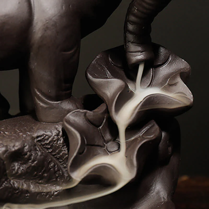 Decorazione bruciatore di incenso di guarigione della pace con fontana di fumo a riflusso in argilla viola elefante tibetano - Image 16