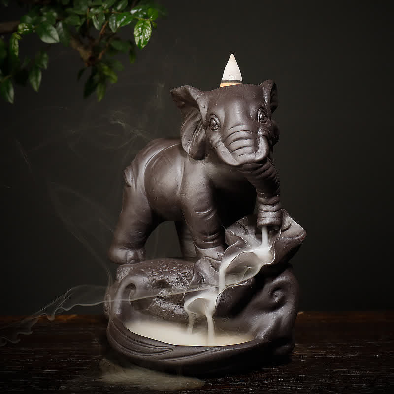 Decorazione bruciatore di incenso di guarigione della pace con fontana di fumo a riflusso in argilla viola elefante tibetano - Image 2
