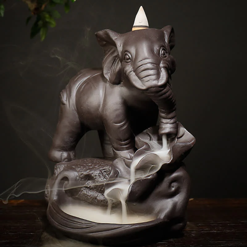 Decorazione bruciatore di incenso di guarigione della pace con fontana di fumo a riflusso in argilla viola elefante tibetano - Image 3