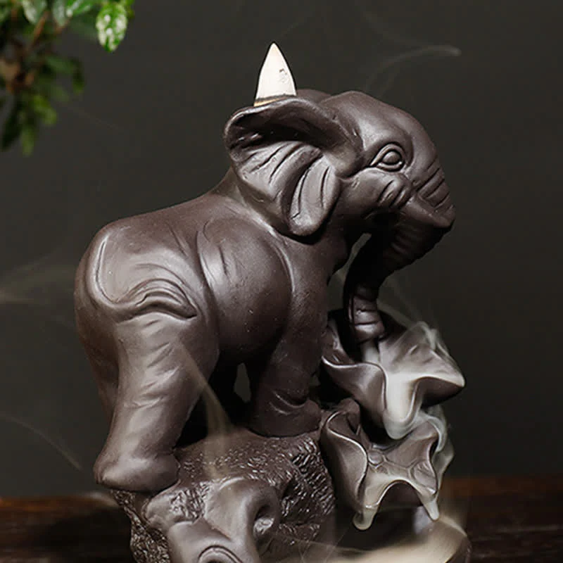 Decorazione bruciatore di incenso di guarigione della pace con fontana di fumo a riflusso in argilla viola elefante tibetano - Image 5