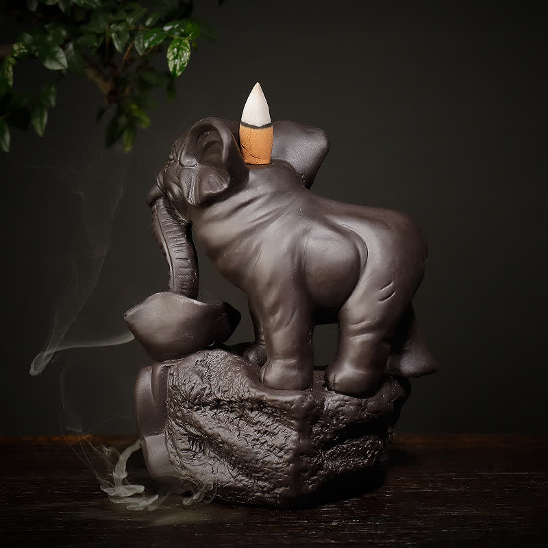 Decorazione bruciatore di incenso di guarigione della pace con fontana di fumo a riflusso in argilla viola elefante tibetano - Image 6