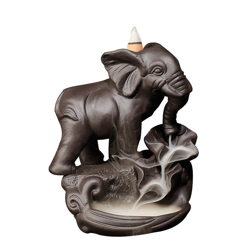Decorazione bruciatore di incenso di guarigione della pace con fontana di fumo a riflusso in argilla viola elefante tibetano - Image 8