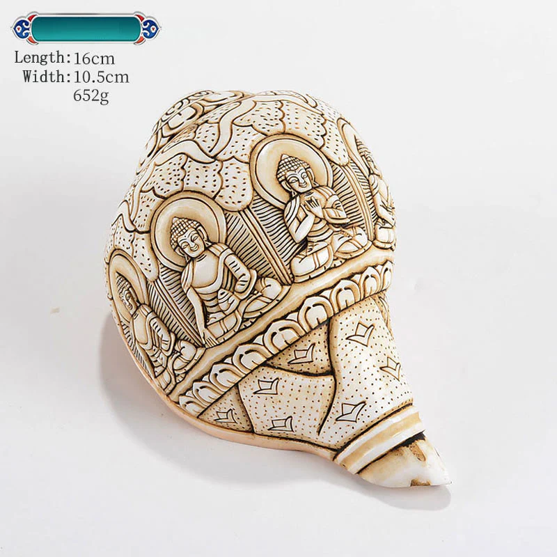 Decorazione di ricchezza di conchiglia di conchiglia di Avalokitesvara Buddha tibetano inciso a mano Shankha - Image 14