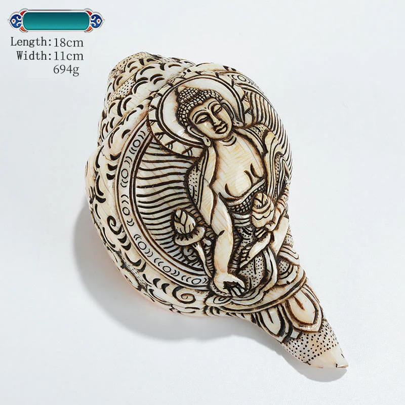Decorazione di ricchezza di conchiglia di conchiglia di Avalokitesvara Buddha tibetano inciso a mano Shankha - Image 19