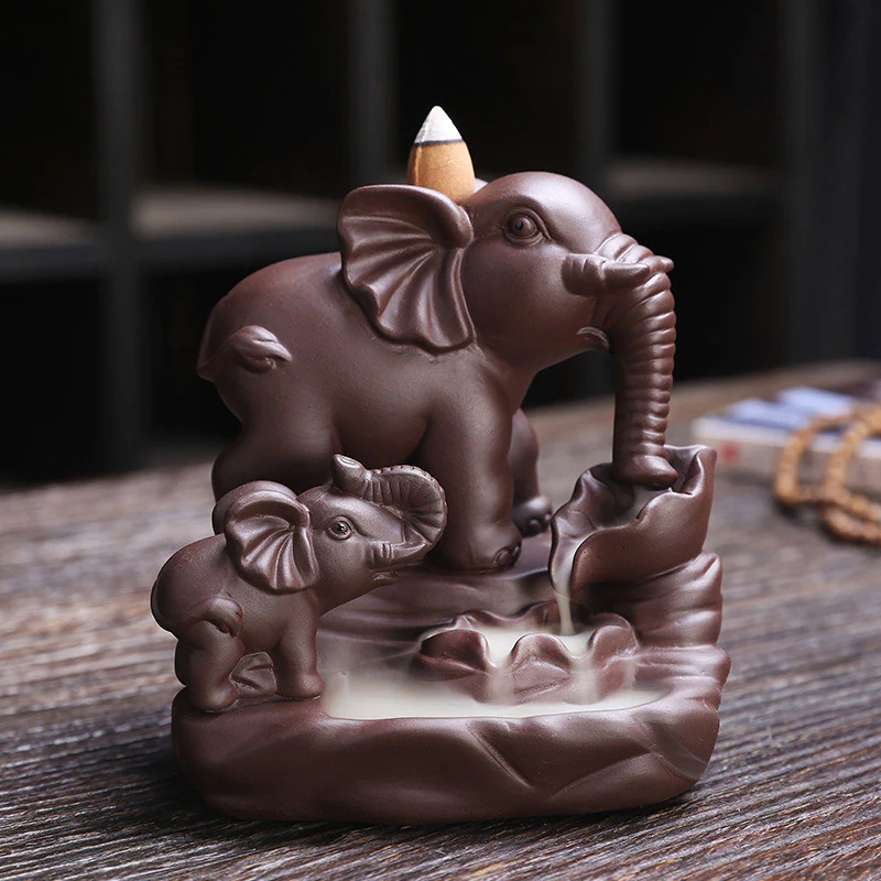 Decorazione per bruciatore di incenso con protezione per fontana di fumo a riflusso in argilla viola elefante tibetano