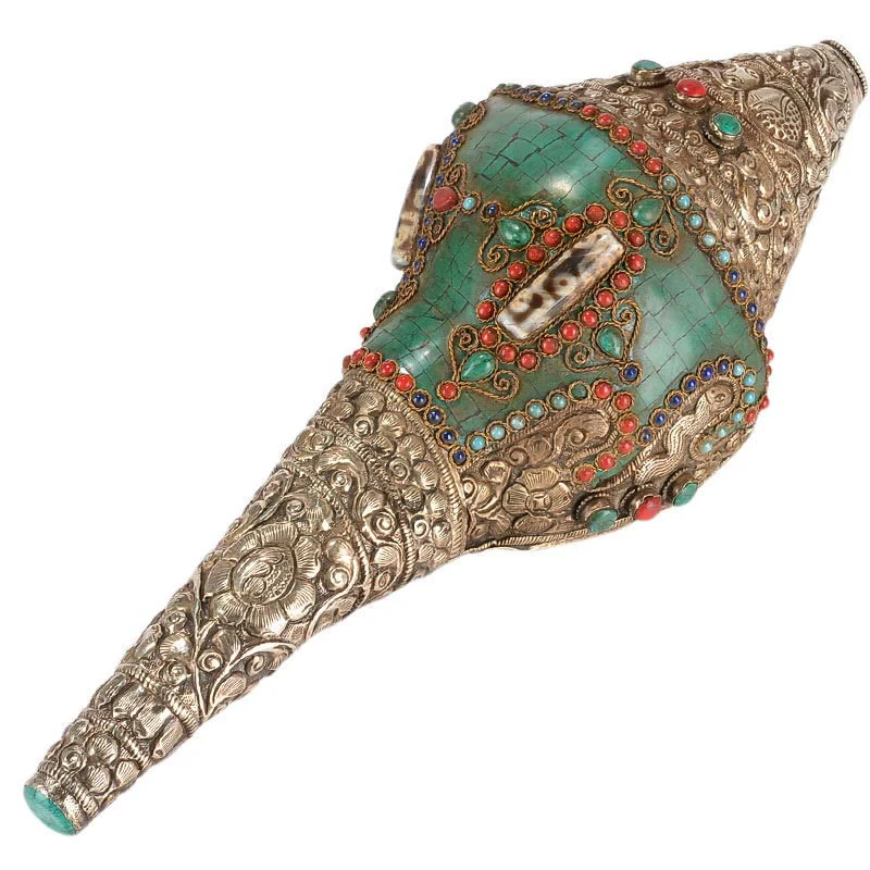 Decorazione positiva della ricchezza della conchiglia del Buddha Shankha Double Dorje incisa a mano tibetana - Image 10