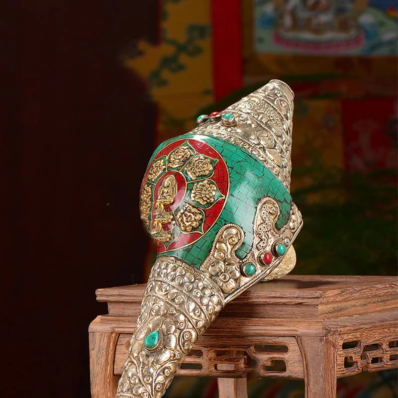 Decorazione positiva della ricchezza della conchiglia del Buddha Shankha Double Dorje incisa a mano tibetana - Image 12