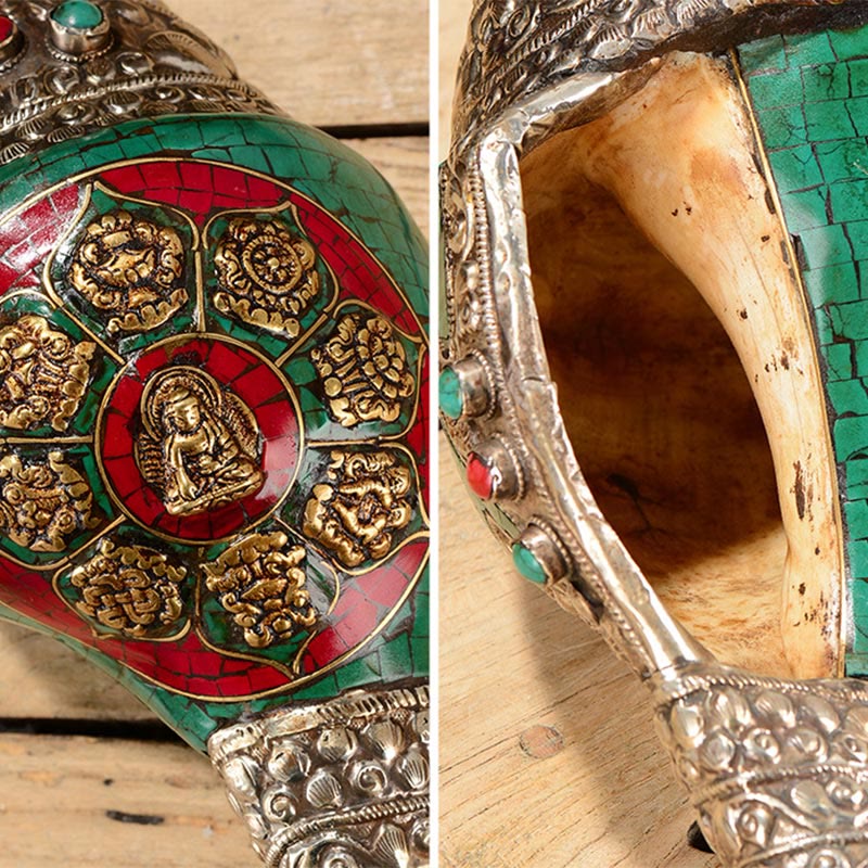 Decorazione positiva della ricchezza della conchiglia del Buddha Shankha Double Dorje incisa a mano tibetana - Image 13
