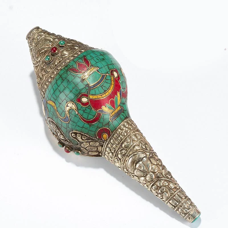 Decorazione positiva della ricchezza della conchiglia del Buddha Shankha Double Dorje incisa a mano tibetana - Image 15