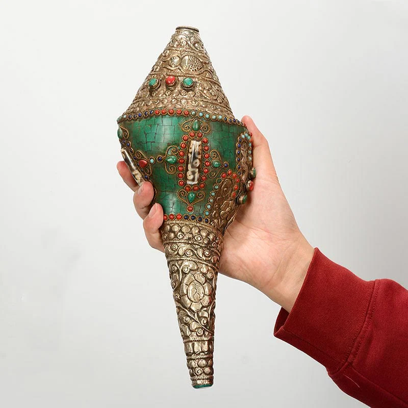 Decorazione positiva della ricchezza della conchiglia del Buddha Shankha Double Dorje incisa a mano tibetana - Image 4