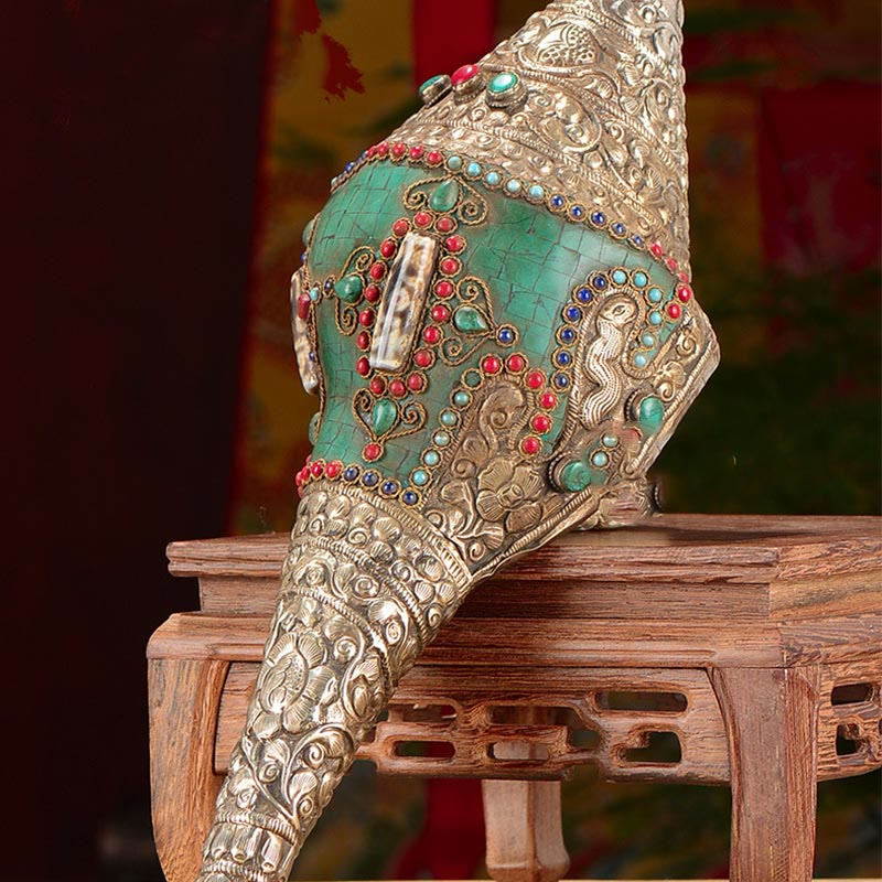 Decorazione positiva della ricchezza della conchiglia del Buddha Shankha Double Dorje incisa a mano tibetana - Image 5