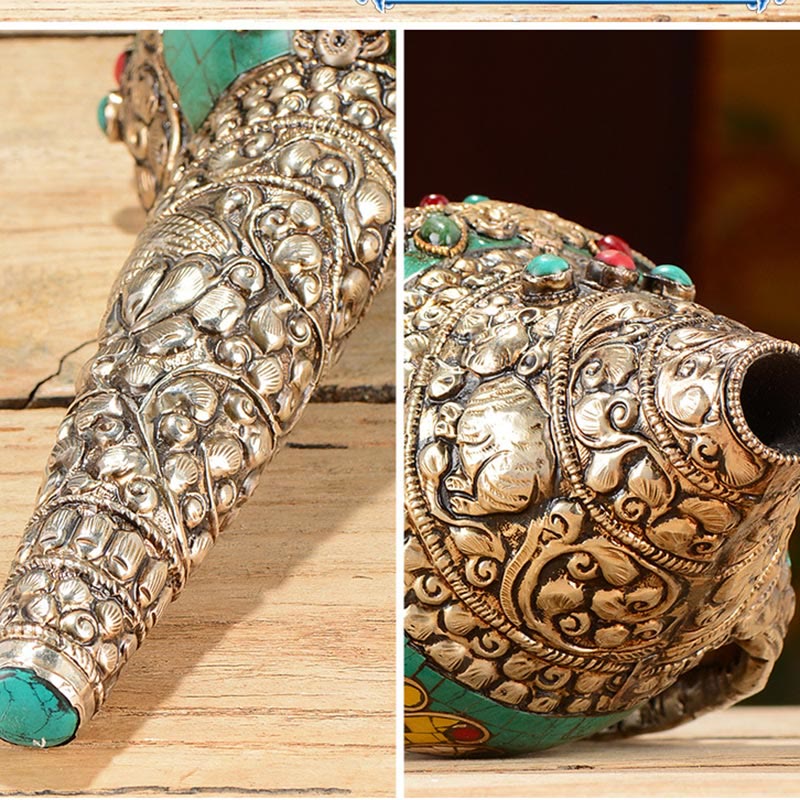 Decorazione positiva della ricchezza della conchiglia del Buddha Shankha Double Dorje incisa a mano tibetana - Image 7