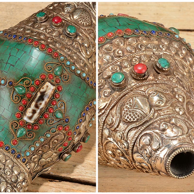 Decorazione positiva della ricchezza della conchiglia del Buddha Shankha Double Dorje incisa a mano tibetana - Image 8