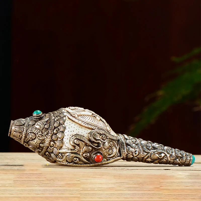 Decorazione positiva della ricchezza della conchiglia del Buddha Shankha incisa a mano tibetana - Image 2